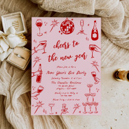Hand plockade Nyårsafton Party-inbjudan Rosa Red Inbjudningar
