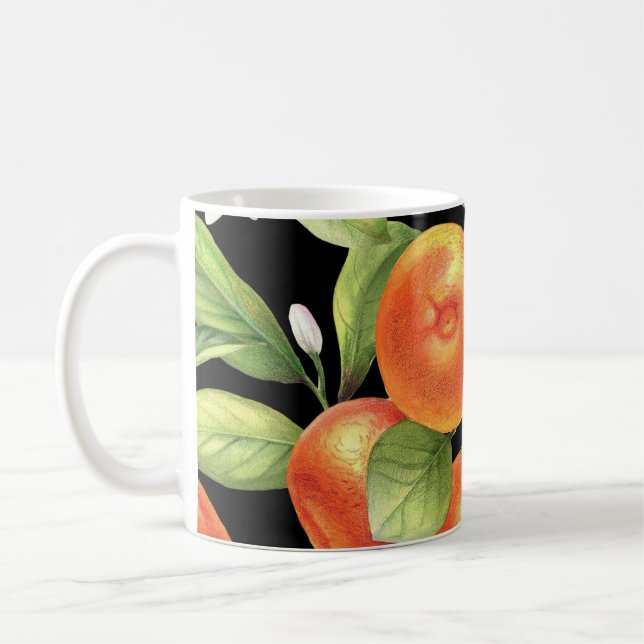 Hand plockade Orangar: Blommigt Illustration. Kaffemugg (Vänster)