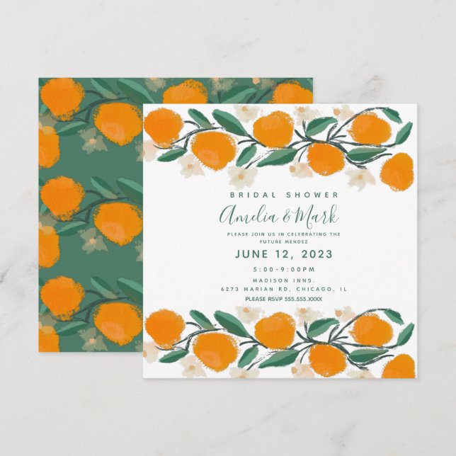 Hand plockade Orange Botaniska Abstraktens Möhippa Inbjudningar (Fram/baksida)