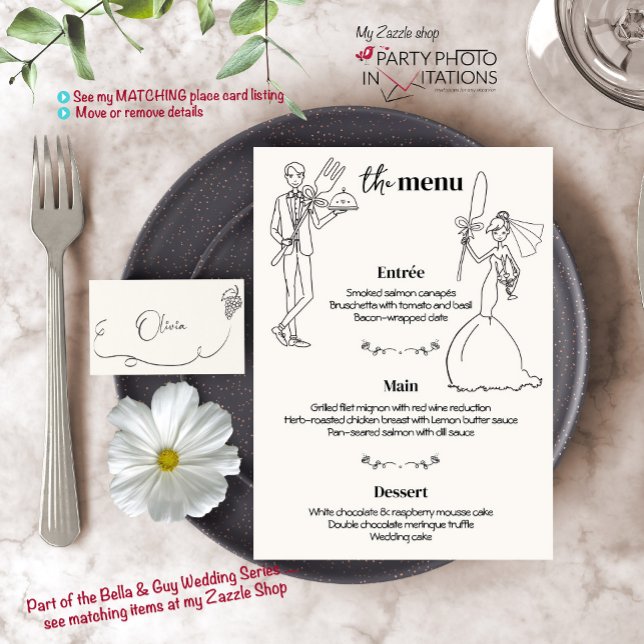 Hand plockade par Bröllop Middag Menu Meny (Bella & GUY Menu and matching place cards)