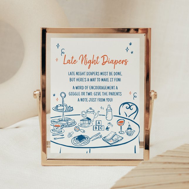 Hand plockade Party Babyskor sen natt Poster (Hand Drawn Baby Brunch Party Baby Shower Late Night Diapers Sign)