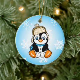 Hand plockade Penguin med snöbollar Julgransprydnad Keramik