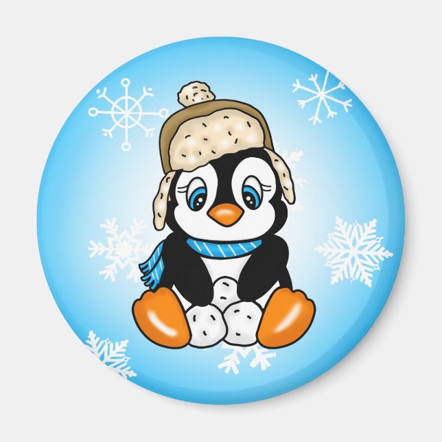 Hand plockade Penguin med snöbollar Magnet (Framsidan)