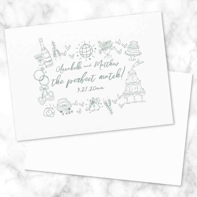 Hand plockade Perfekt Match Grönt Whimsical Bröllo Inbjudningar (Hand Drawn Perfect Match Green Whimsical Wedding Invitation)