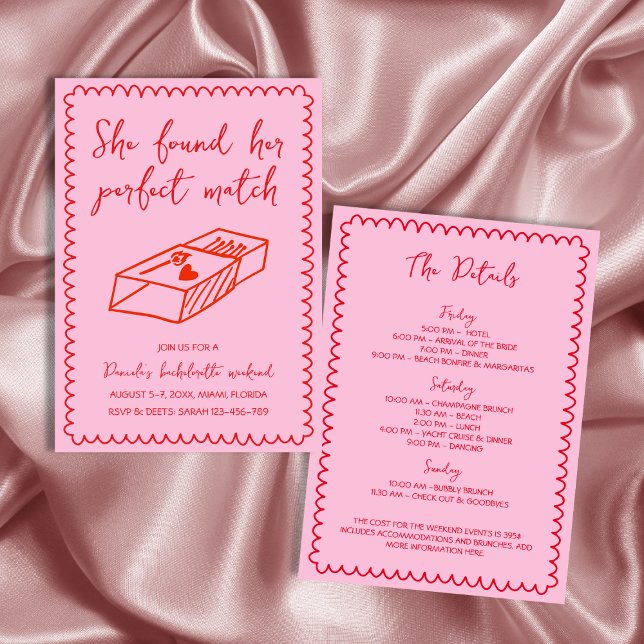 Hand plockade Perfekt Match Rosa Bachelorette Helg Inbjudningar (Hand Drawn Perfect Match Pink Bachelorette Weekend Invitation)
