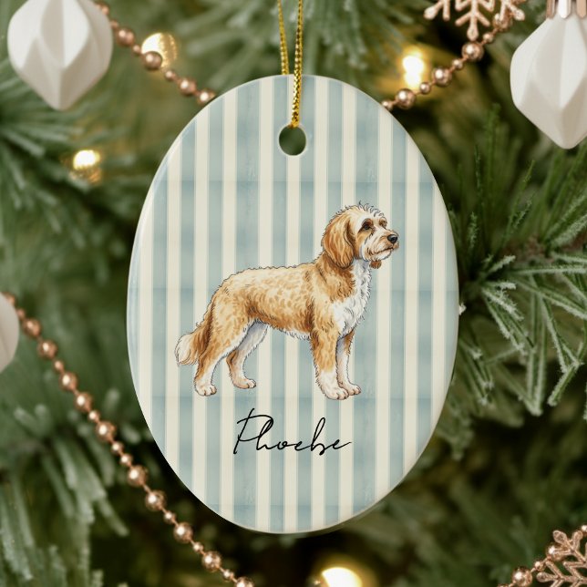 Hand plockade Pet Porträtt Sketch Golden Doodle Julgransprydnad Keramik (Celebrate the holidays with this timeless, vintage striped pet portrait! )