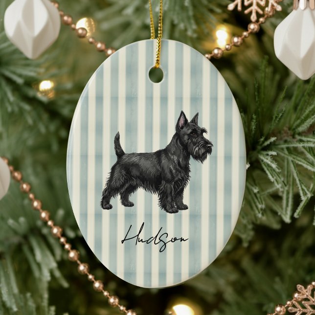 Hand plockade Pet Porträtt Sketch Scottish Terrier Julgransprydnad Keramik (Celebrate the holidays with this timeless, vintage striped pet portrait! )