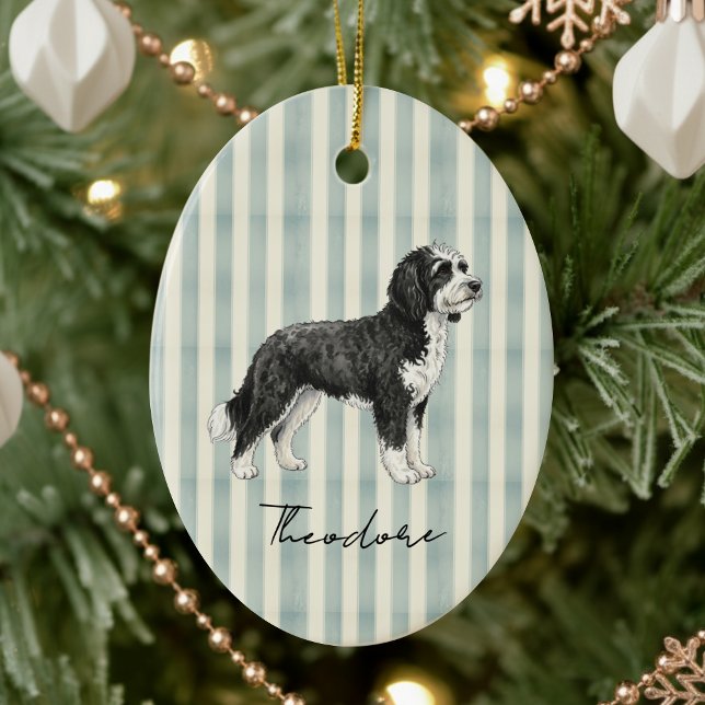Hand plockade Pet Porträtt Watercolor Doodle Julgransprydnad Keramik (Celebrate the holidays with this timeless, vintage striped pet portrait! )