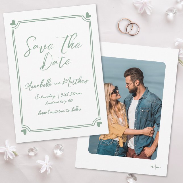 Hand plockade Photo Grönt Whimsical Bröllop Spara Datumet (Hand Drawn Photo Green Whimsical Wedding Save the Date)