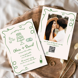 Hand plockade Photo QR-kod Quirky Whimsical Bröllo Inbjudningar