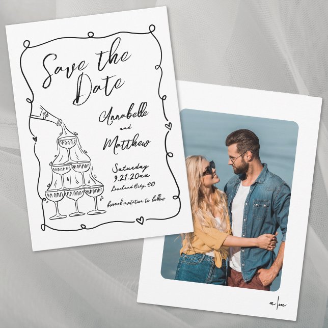 Hand plockade Photo Whimsical Bröllop Spara Datumet (Hand Drawn Photo Whimsical Wedding Save the Date)