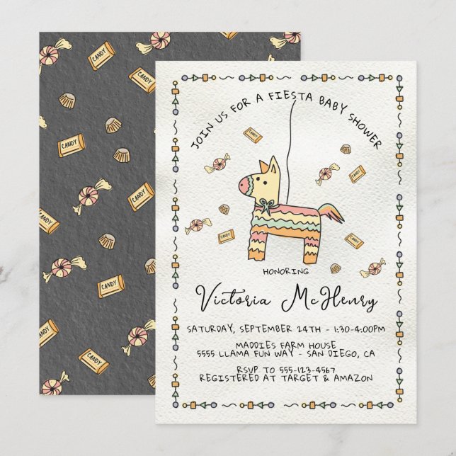 Hand plockade Piñata Mexican Fiesta Baby Shower Inbjudningar (Fram/baksida)