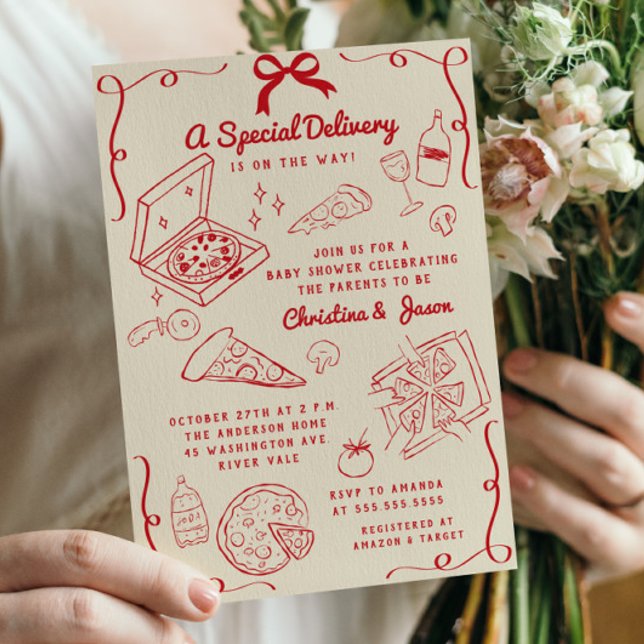 Hand plockade Pizza Baby Shower Inbjudningar (Skapare uppladdad)