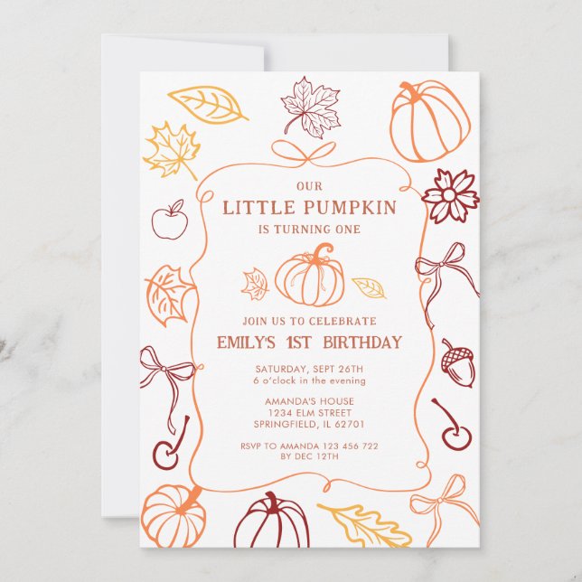 Hand plockade Pumpkin Fall First Birthday Inbjudningar (Framsida)