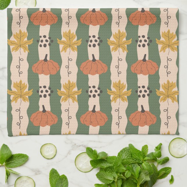 Hand plockade Pumpkin & Löv Mönster Kitchen Towel Kökshandduk (Vikta)