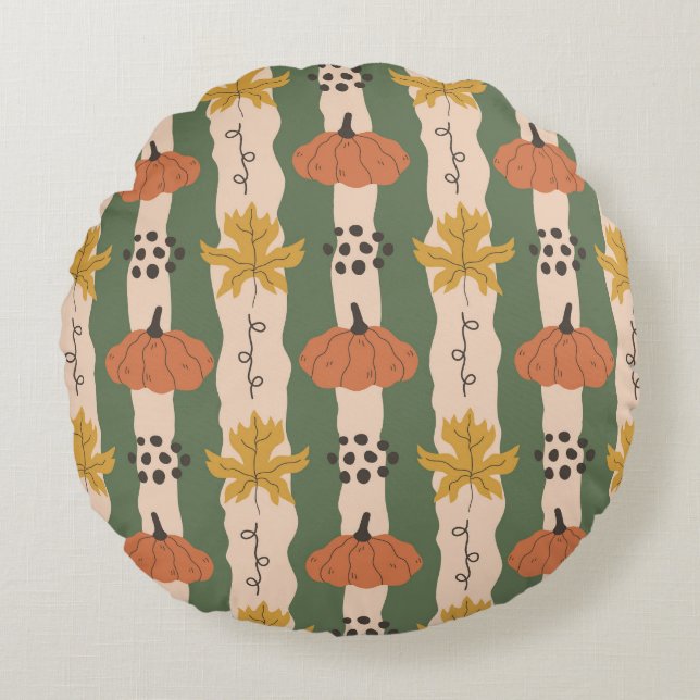 Hand plockade Pumpkin & Löv Mönster Round Pillow Rund Kudde (Framsidan)