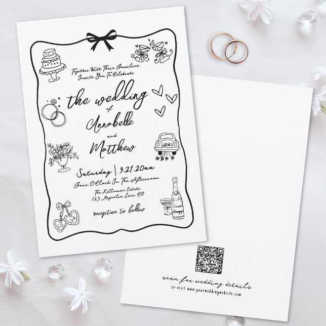 Hand plockade QR-koden Whimsical Bröllop Inbjudningar (Hand Drawn QR Code Whimsical Wedding Invitation )