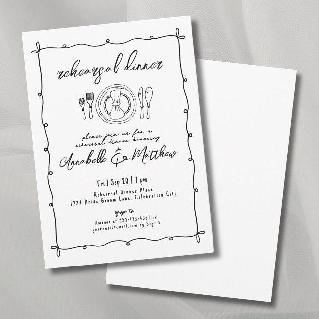 Hand plockade Quirky Bröllop Rehearsal Middag Inbjudningar (Hand Drawn Quirky Wedding Rehearsal Dinner Invitation)
