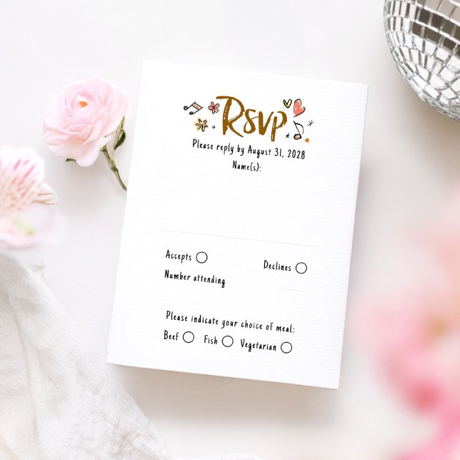 Hand plockade Quirky Funky Bröllop OSA Card Kort (Whimsical Wedding Rsvp Card)