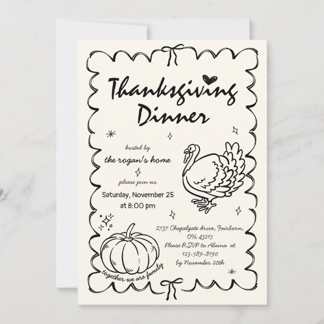 Hand plockade Quirky Pumpkin Turkey Thanksgiving Inbjudningar (Framsida)