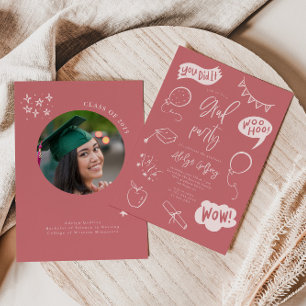 Hand plockade Quirky Rosa Studentfest Inbjudningar