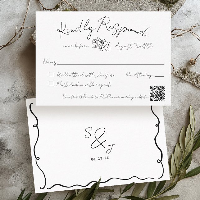 Hand plockade Quirky Scribble Black & White Bröllo OSA Kort (Modern trendy black & white minimalist hand drawn handwritten monogram QR code wedding RSVP card)