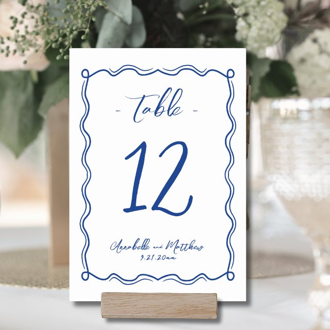 Hand plockade Quirky Whimsical Blue Bröllop Bordsnummer (Hand Drawn Quirky Whimsical Wedding Table Number )