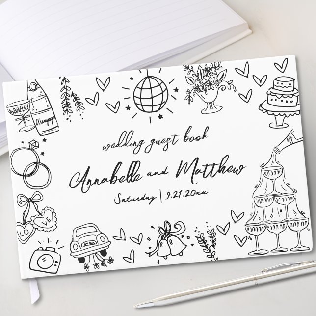 Hand plockade Quirky Whimsical Bröllop Gästböcker (Hand Drawn Quirky Whimsical Wedding Guest Book)