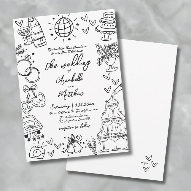 Hand plockade Quirky Whimsical Bröllop Inbjudningar (Hand Drawn Quirky Whimsical Wedding Invitation)