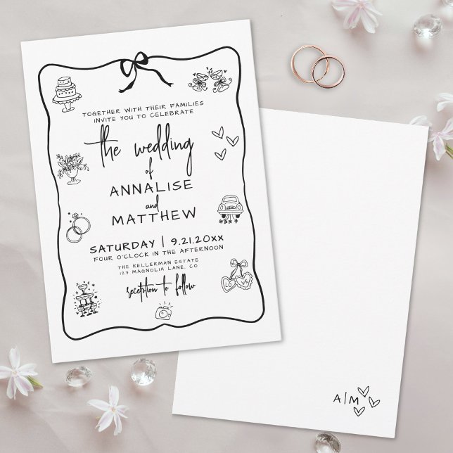 Hand plockade Quirky Whimsical Bröllop Inbjudningar (Hand Drawn Quirky Whimsical Wedding Invitation)