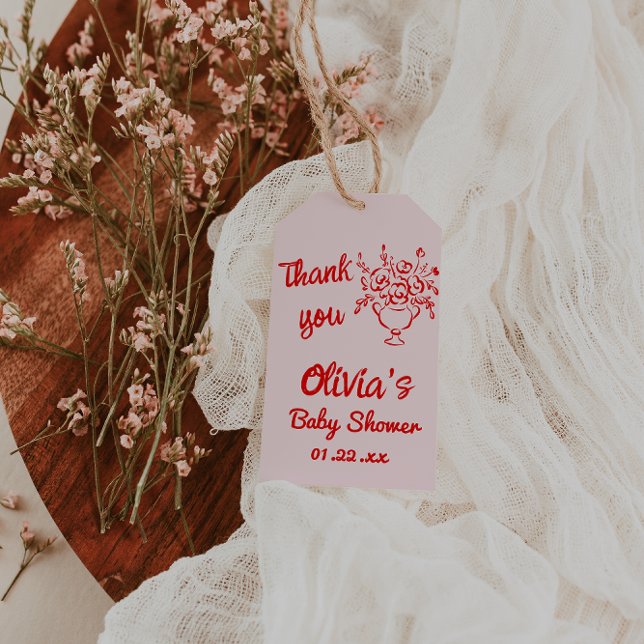 Hand plockade Red Blommigt Bouquet Baby i blobdusc Presentetikett (Skapare uppladdad)