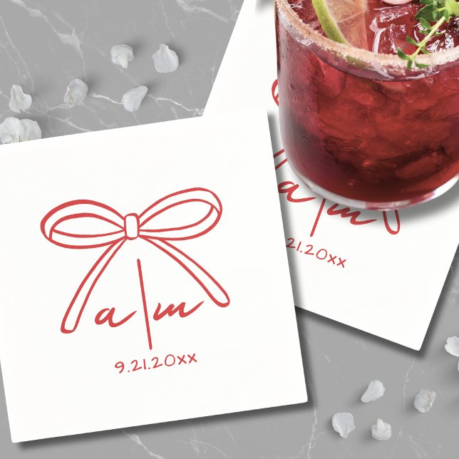 Hand plockade Red Bow Bröllop Monogram Napkins Pappersservett (Hand Drawn Red Bow Wedding Monogram Napkins)