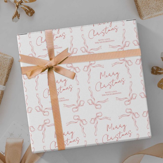 Hand plockade Red Bow Whimsical, unik jul Presentpapper (Add your name or custom text to make your personalized gift wrapping paper)