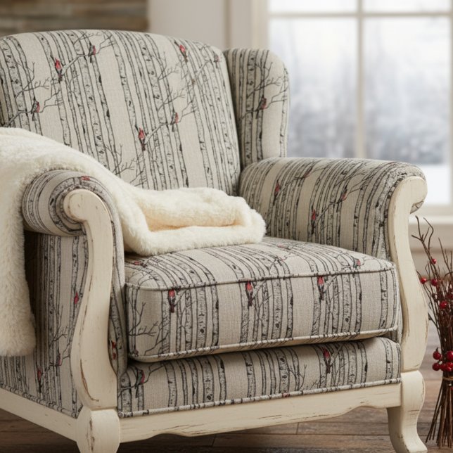 Hand plockade Red Cardinals Perched on Birch Grena Tyg (Elegant Winter Forest Pattern Fabric in Natural Linen. Red Cardinal Birds in Birch Pine Trees.)