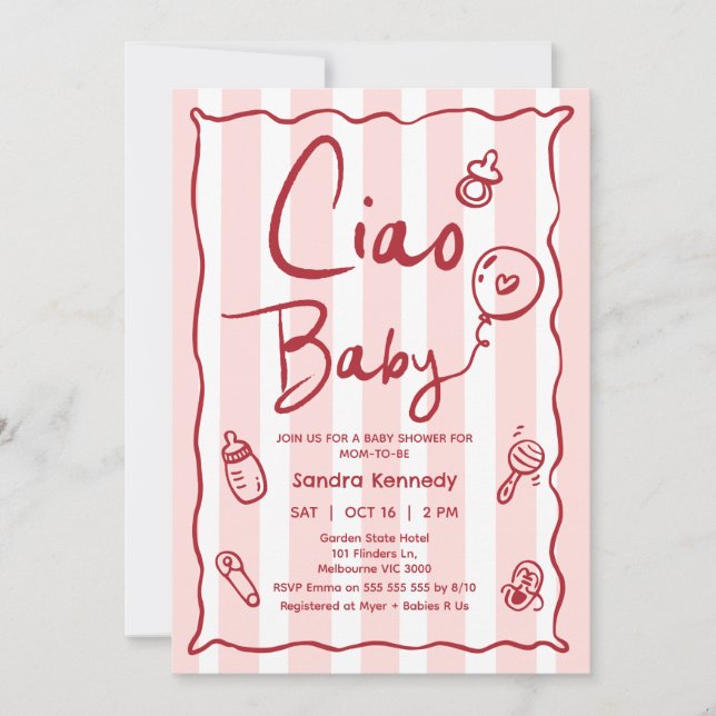 Hand plockade Red Rosa Ciao Baby Baby Shower Inbjudningar (Framsida)