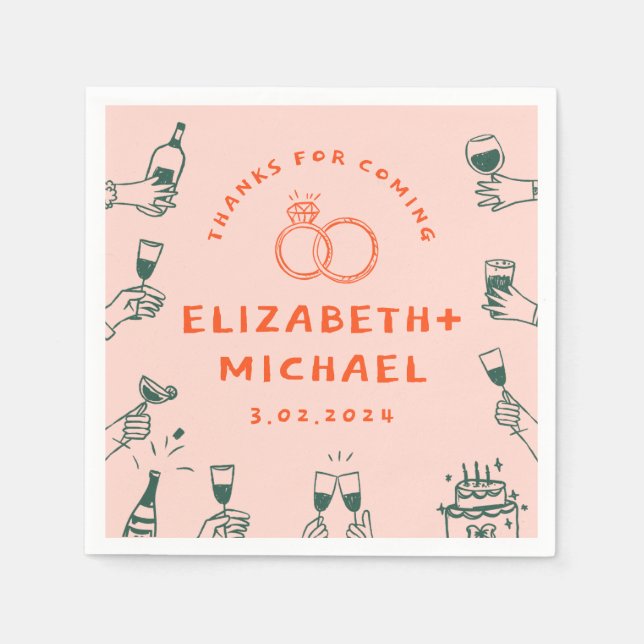 Hand plockade Red Rosa Funky Bröllop Pappersservett (Framsidan)