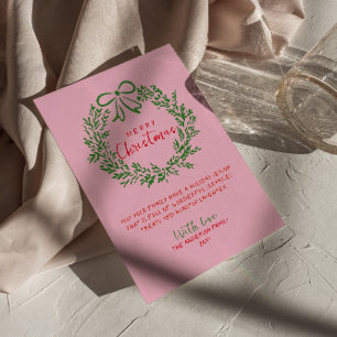 Hand plockade Red Rosa Grönt Bow God jul Julkort