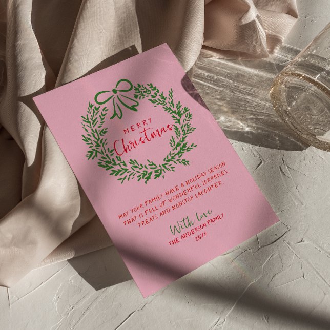 Hand plockade Red Rosa Grönt Bow God jul Julkort (Skapare uppladdad)