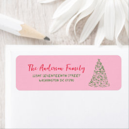 Hand plockade Red Rosa Grönt Rosett band Träd jul  Returadress Etikett