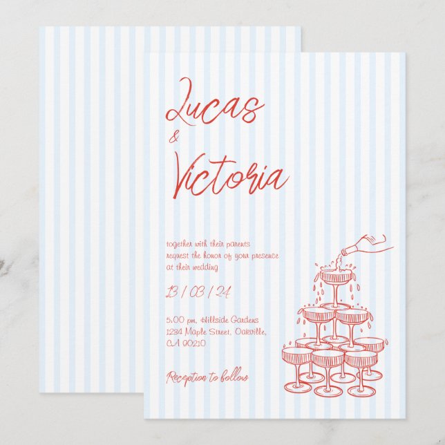 Hand plockade Red Stripe Whimsical Bröllop Inbjudningar (Fram/baksida)