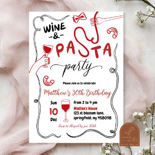 Hand plockade Red Vin och Pasta Party Vuxen Birthd Inbjudningar