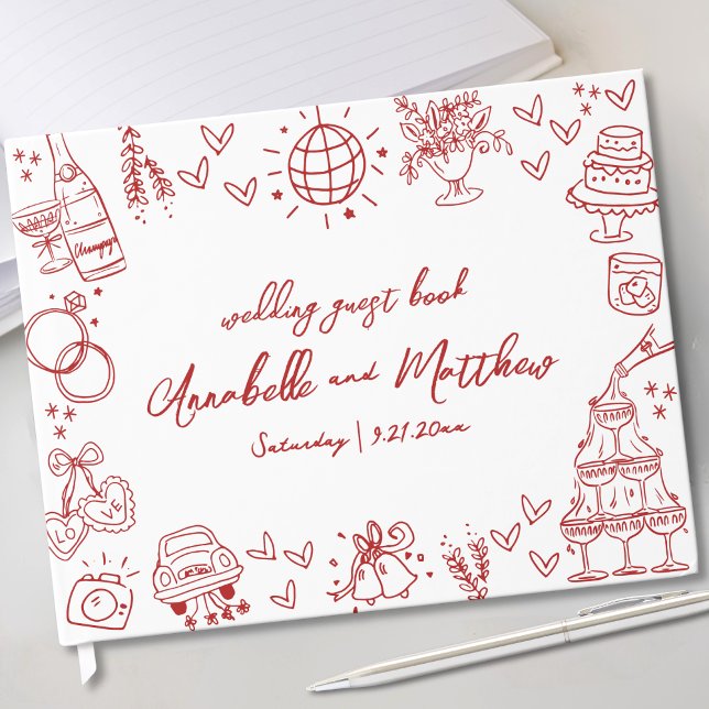 Hand plockade Red Whimsical Bröllop Gästböcker (Hand Drawn Red Whimsical Wedding Guest Book)