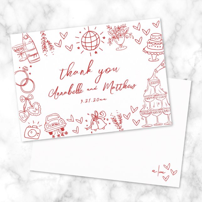 Hand plockade Red Whimsical Bröllop Tack Kort (Hand Drawn Red Whimsical Wedding Thank You Card)
