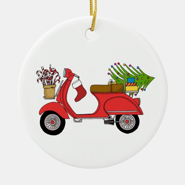 Hand plockade retro christmas scooter med presente julgransprydnad keramik (Framsidan)