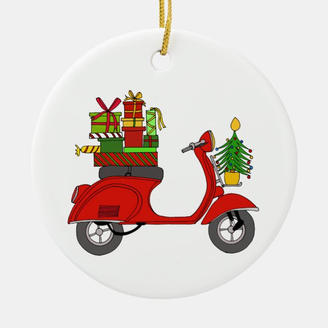 Hand plockade retro christmas scooter med presente julgransprydnad keramik (Framsidan)
