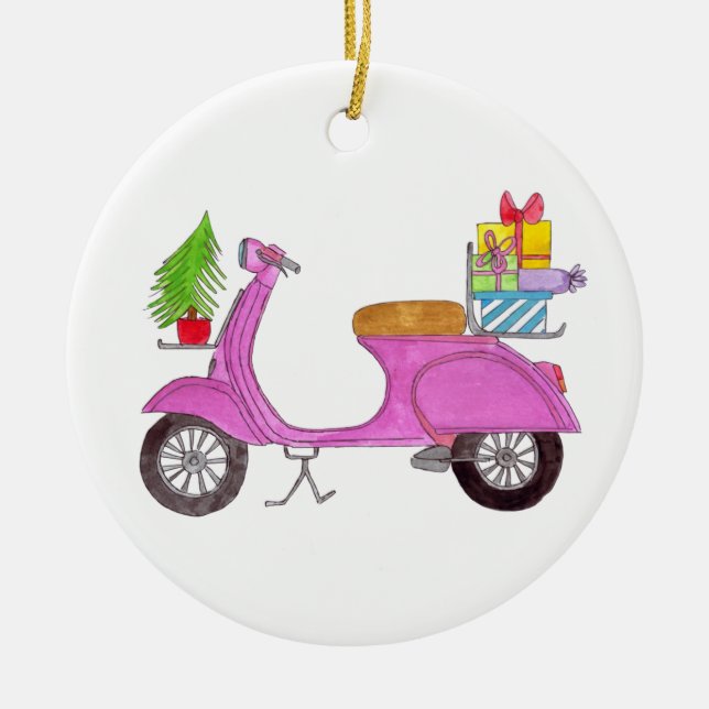 Hand plockade retro christmas scooter med presente julgransprydnad keramik (Framsidan)