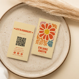 Hand plockade Retro Colorful QR Code Boho 70 s Blo Visitkort