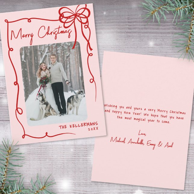 Hand plockade Ribbon Bow Retro jul Julkort (Hand Drawn Ribbon Bow Retro Christmas Holiday Card)