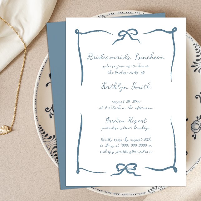 Hand plockade Ribbon Dusty Blue Bridesmaids Lunche Inbjudningar (Skapare uppladdad)