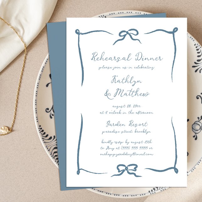 Hand plockade Ribbon Dusty Blue Rehearsal Dinner Inbjudningar (Skapare uppladdad)